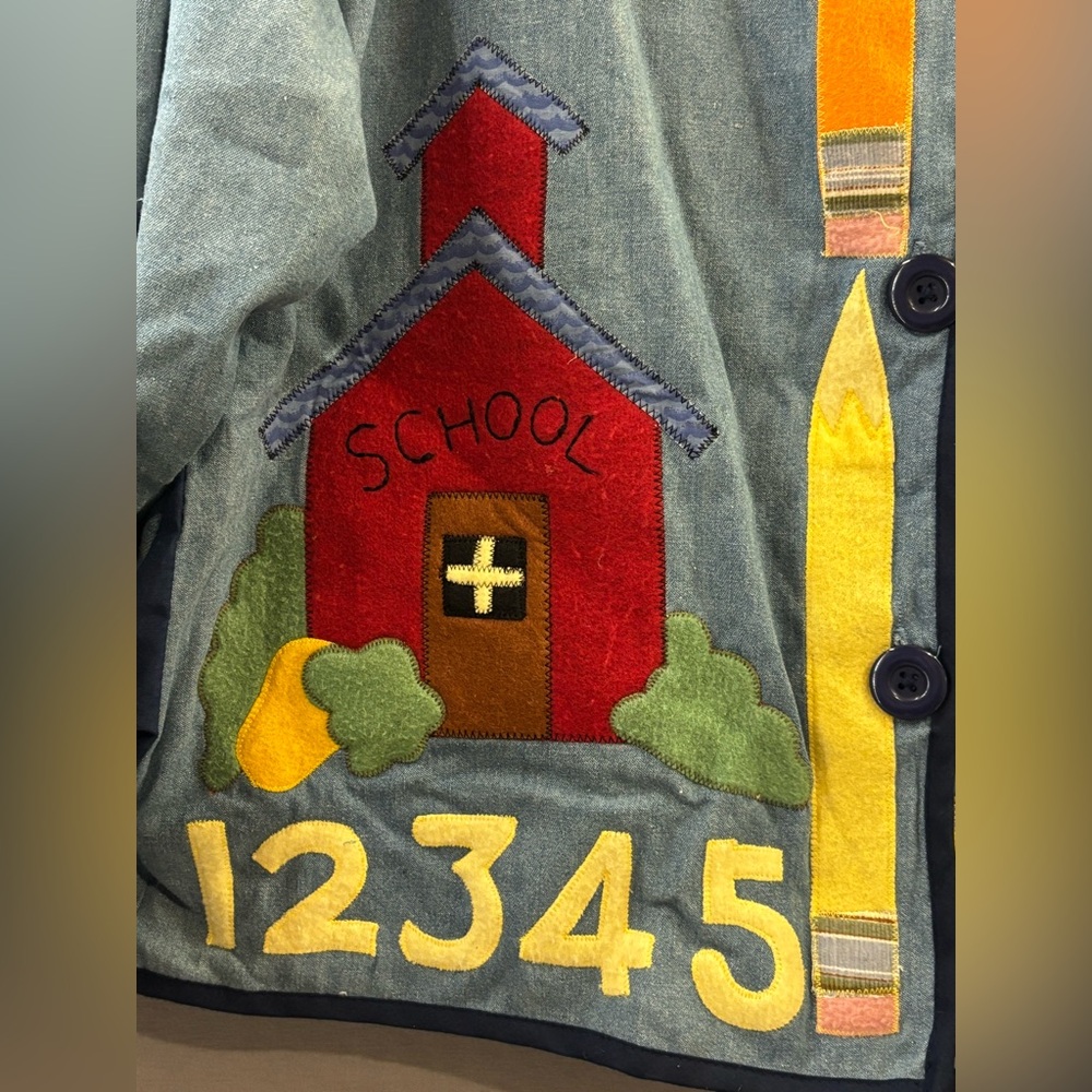 One of a kind vintage 90s teacher denim jacket L/XL unique appliqués school - Picture 3 of 6